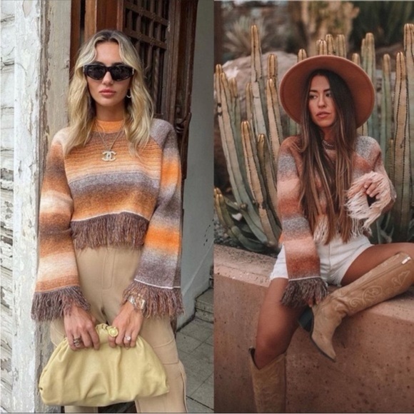 Zara Fringe Striped Cropped Sweater - New - Picture 4 of 16